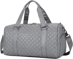Vegan Leather Women Gym Bag Quilted Duffel Bag with Shoe Compartment, Waterproof Pocket Sports Travel Weekender Bag (Black, 35L), Gray