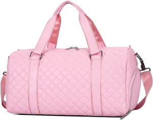 Vegan Leather Women Gym Bag Quilted Duffel Bag with Shoe Compartment, Waterproof Pocket Sports Travel Weekender Bag (Black, 35L), Pink