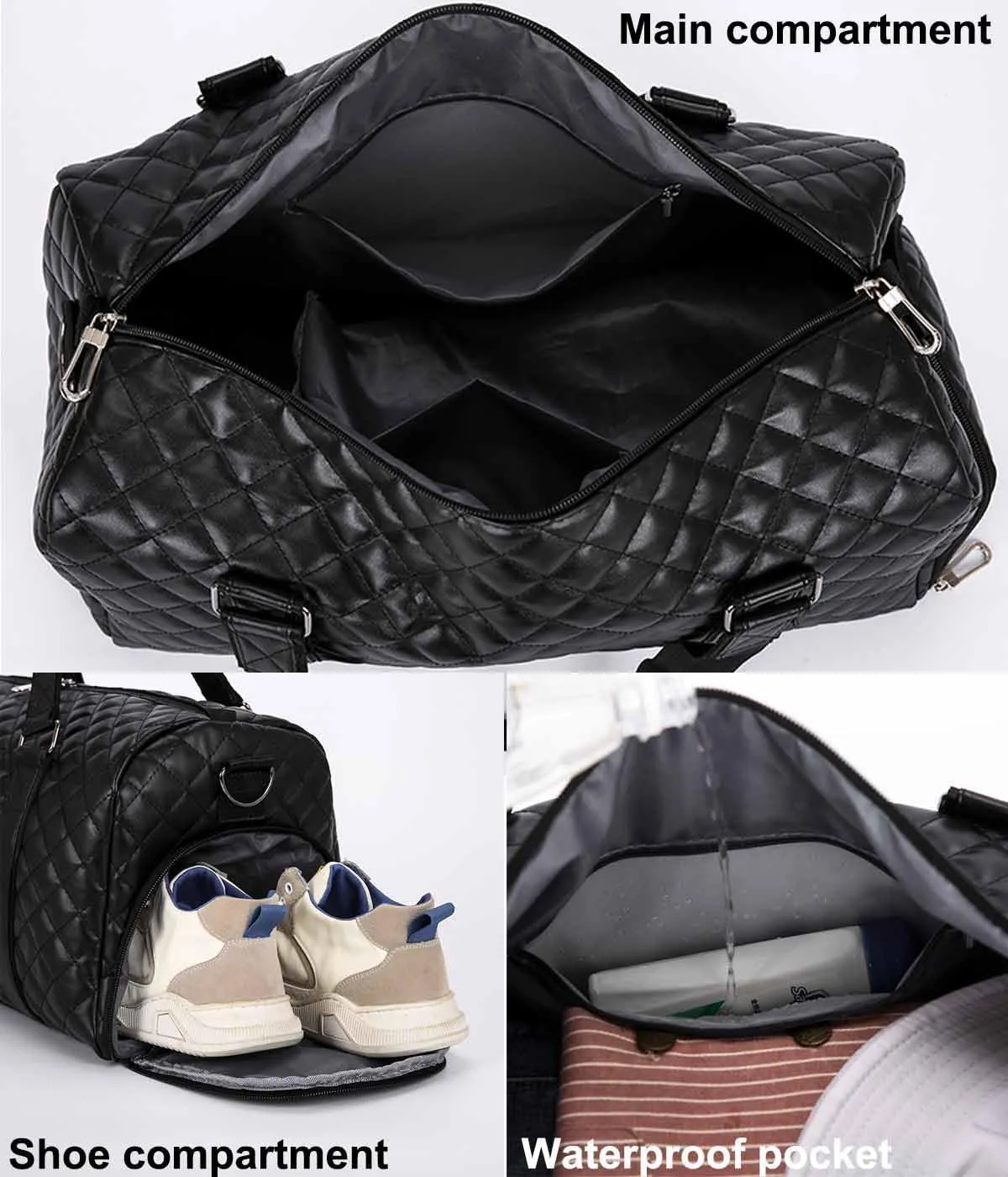 Vegan Leather Women Gym Bag Quilted Duffel Bag with Shoe Compartment, Waterproof Pocket Sports Travel Weekender Bag (Black, 35L)