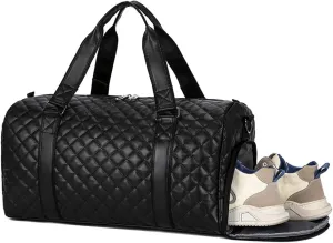 Vegan Leather Women Gym Bag Quilted Duffel Bag with Shoe Compartment, Waterproof Pocket Sports Travel Weekender Bag (Black, 35L)