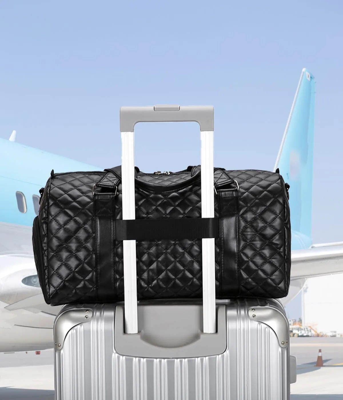 Vegan Leather Women Gym Bag Quilted Duffel Bag with Shoe Compartment, Waterproof Pocket Sports Travel Weekender Bag (Black, 35L)