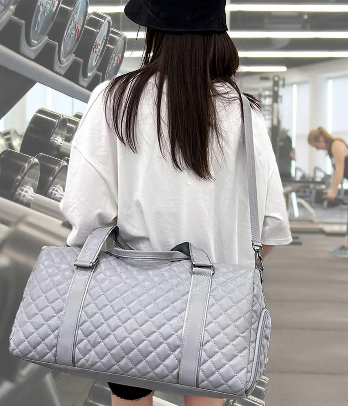 Vegan Leather Women Gym Bag Quilted Duffel Bag with Shoe Compartment, Waterproof Pocket Sports Travel Weekender Bag (Black, 35L)