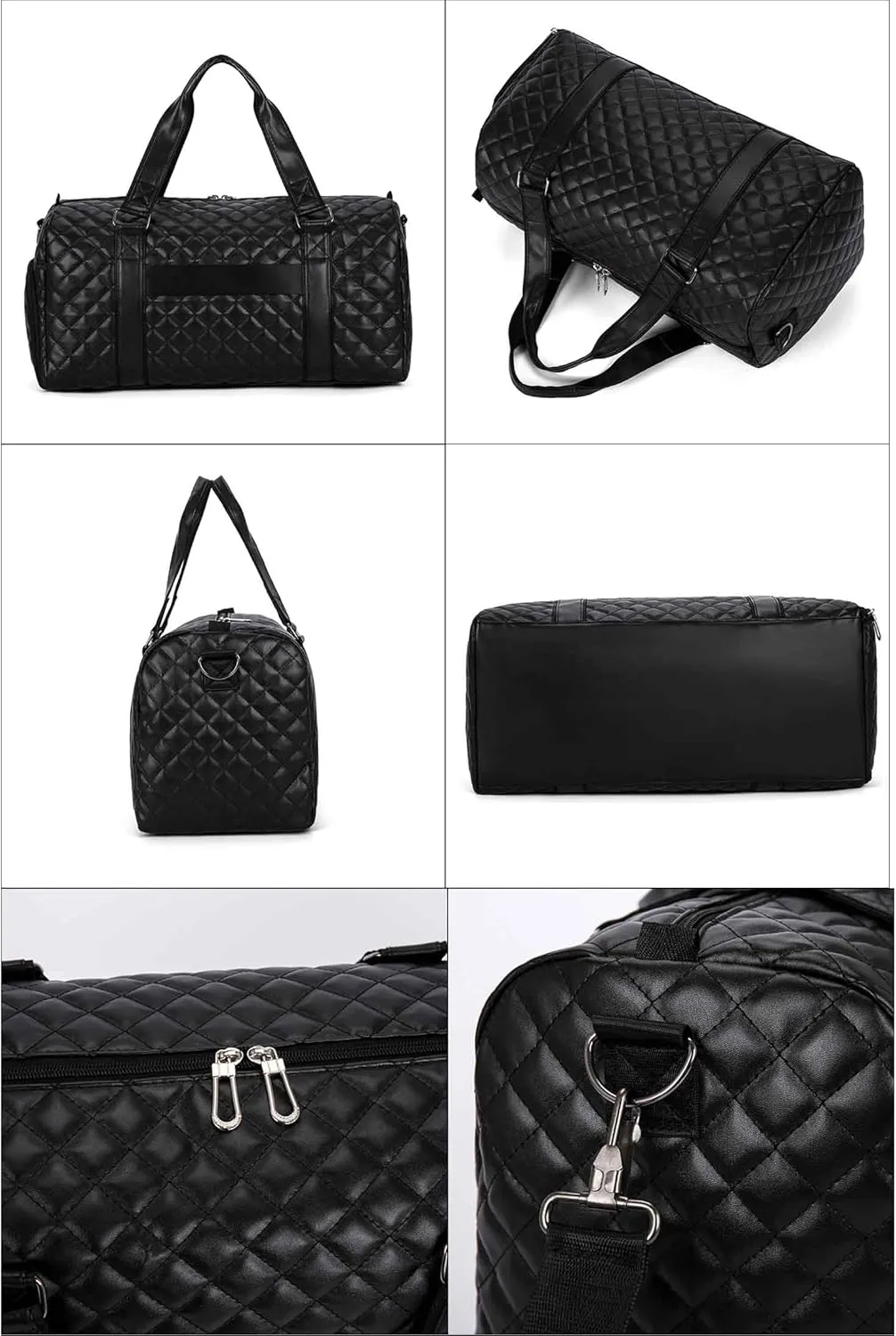 Vegan Leather Women Gym Bag Quilted Duffel Bag with Shoe Compartment, Waterproof Pocket Sports Travel Weekender Bag (Black, 35L)