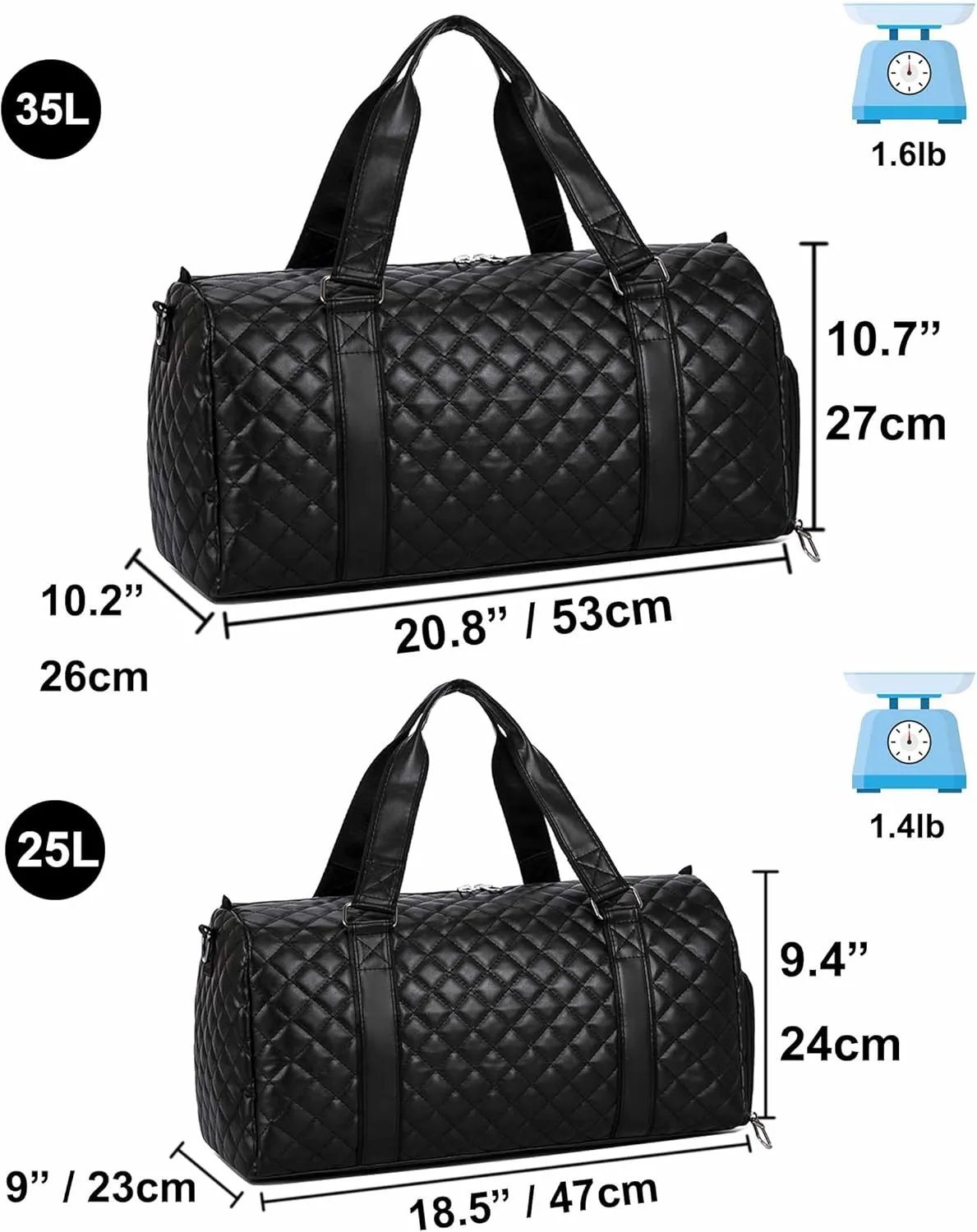 Vegan Leather Women Gym Bag Quilted Duffel Bag with Shoe Compartment, Waterproof Pocket Sports Travel Weekender Bag (Black, 35L)