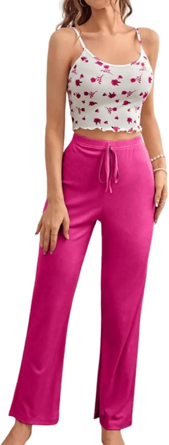Women 2 Piece Slim Ribbed Pajamas Sets Boho Floral Crop Cami Tops and Pants Summer Comfy Cute Loungewear Outfit