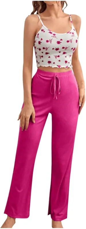 Women 2 Piece Slim Ribbed Pajamas Sets Boho Floral Crop Cami Tops and Pants Summer Comfy Cute Loungewear Outfit