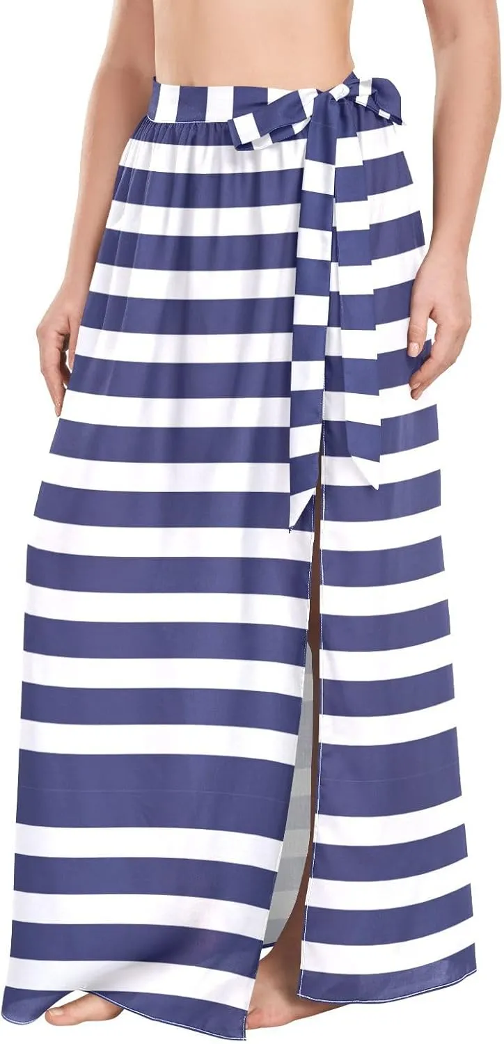 Women Beach Cover Up Blue and White Striped Bikini Wrap Skirt Sarong Swimsuit M