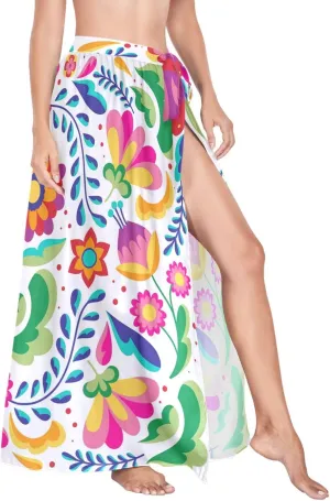 Women Beach Cover Up Mexican Flower Traditional Bikini Wrap Skirt Sarong Swimsuit M