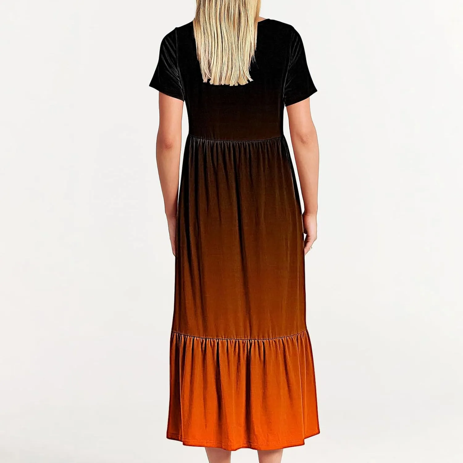 Women Crewneck Maxi Dress Trendy Summer Short Sleeve Long Dresses Casual Tiered Ruffle Mid Calf Sundress