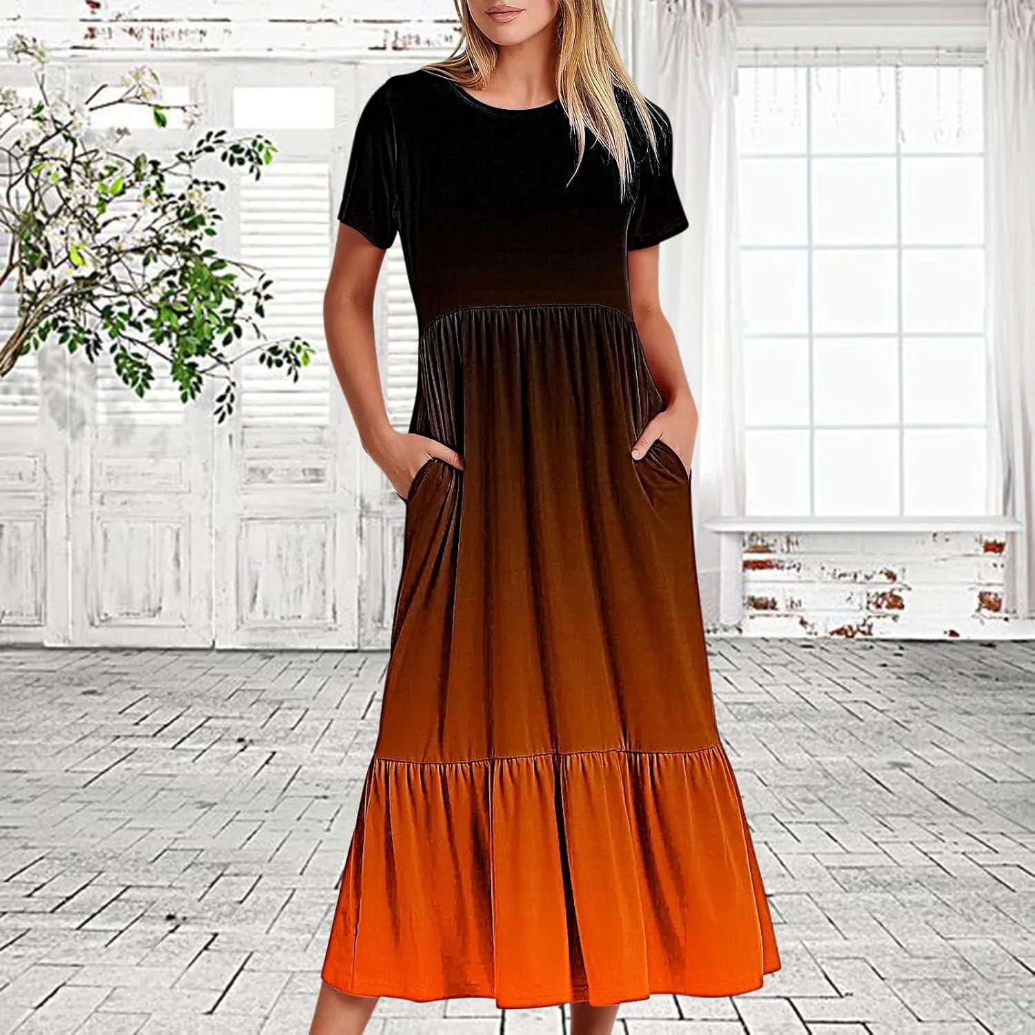 Women Crewneck Maxi Dress Trendy Summer Short Sleeve Long Dresses Casual Tiered Ruffle Mid Calf Sundress
