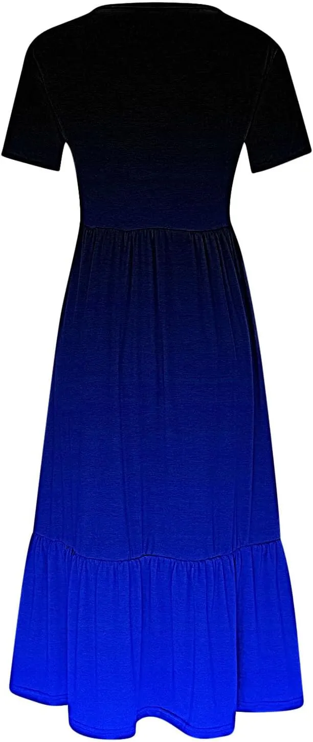 Women Crewneck Maxi Dress Trendy Summer Short Sleeve Long Dresses Casual Tiered Ruffle Mid Calf Sundress