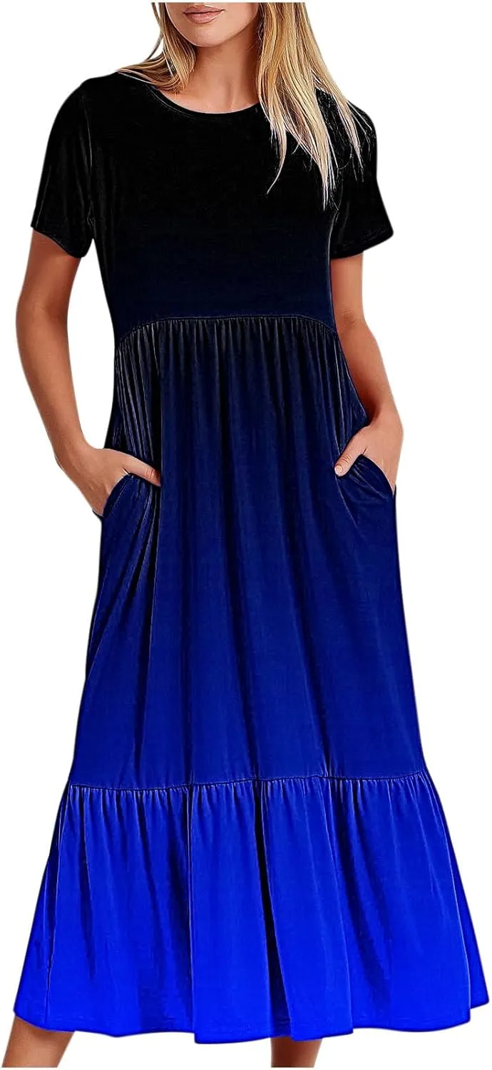 Women Crewneck Maxi Dress Trendy Summer Short Sleeve Long Dresses Casual Tiered Ruffle Mid Calf Sundress