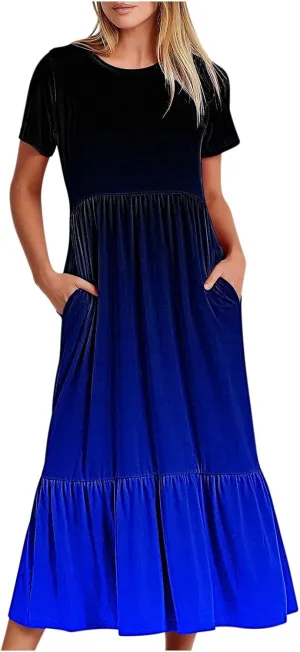 Women Crewneck Maxi Dress Trendy Summer Short Sleeve Long Dresses Casual Tiered Ruffle Mid Calf Sundress