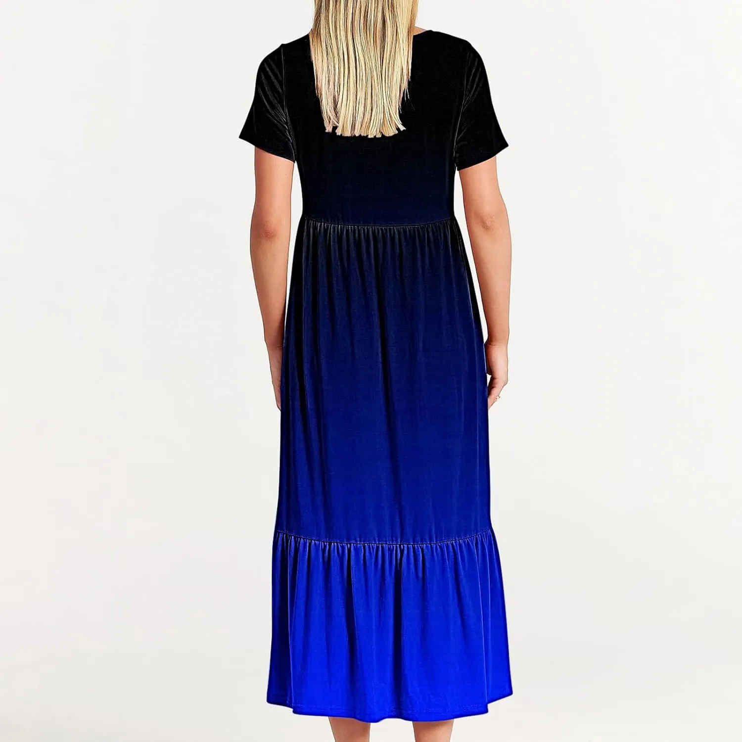 Women Crewneck Maxi Dress Trendy Summer Short Sleeve Long Dresses Casual Tiered Ruffle Mid Calf Sundress