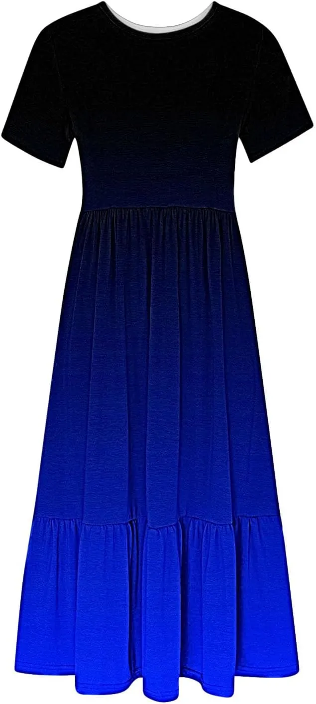 Women Crewneck Maxi Dress Trendy Summer Short Sleeve Long Dresses Casual Tiered Ruffle Mid Calf Sundress