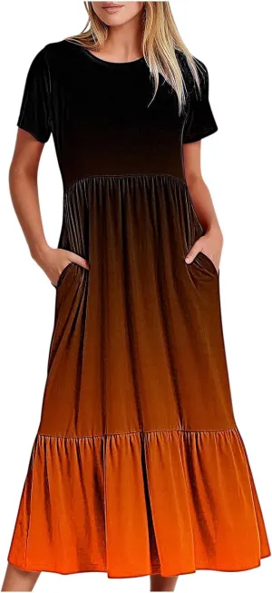 Women Crewneck Maxi Dress Trendy Summer Short Sleeve Long Dresses Casual Tiered Ruffle Mid Calf Sundress