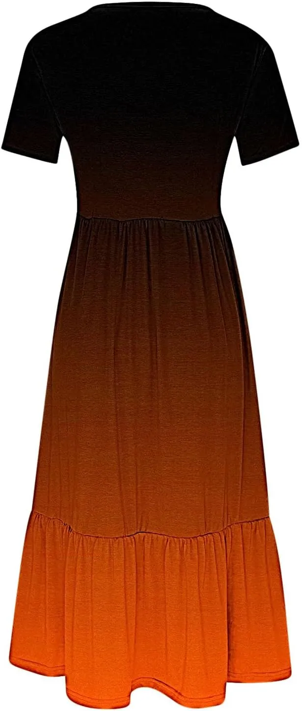 Women Crewneck Maxi Dress Trendy Summer Short Sleeve Long Dresses Casual Tiered Ruffle Mid Calf Sundress
