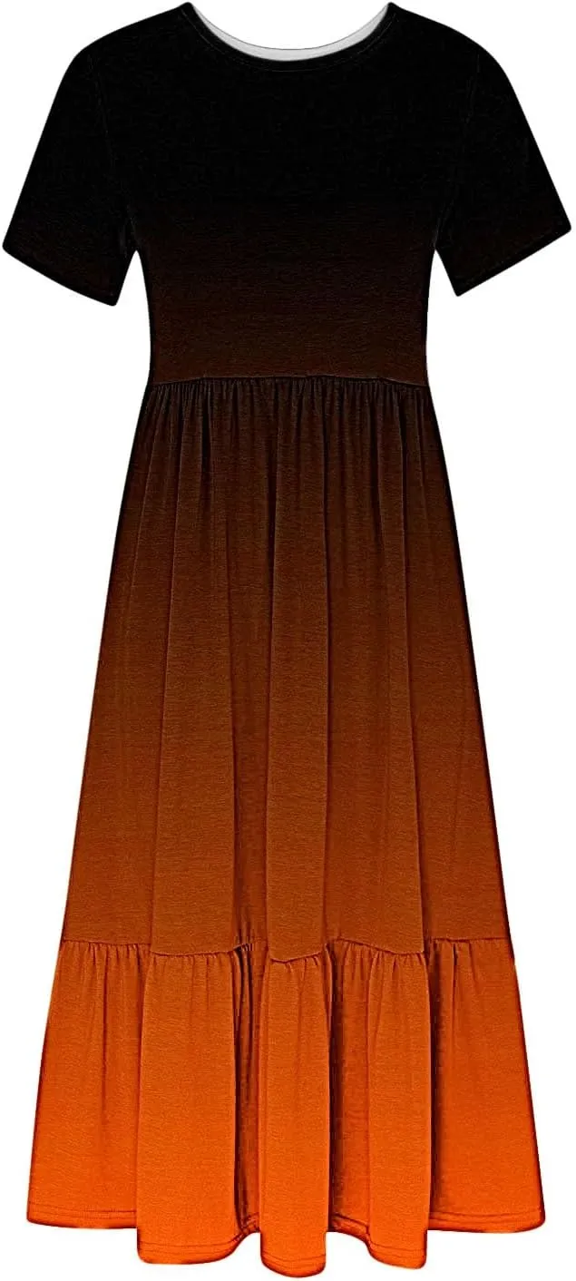 Women Crewneck Maxi Dress Trendy Summer Short Sleeve Long Dresses Casual Tiered Ruffle Mid Calf Sundress