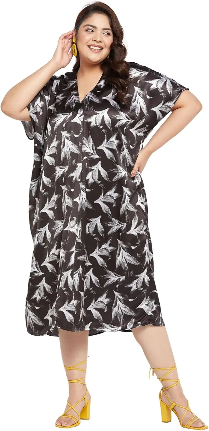 Women Plus Size Satin Silk Casual Midi Length Kaftan Evening Dress Beach Cover Up