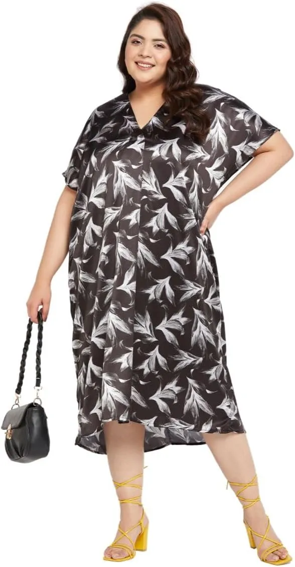 Women Plus Size Satin Silk Casual Midi Length Kaftan Evening Dress Beach Cover Up