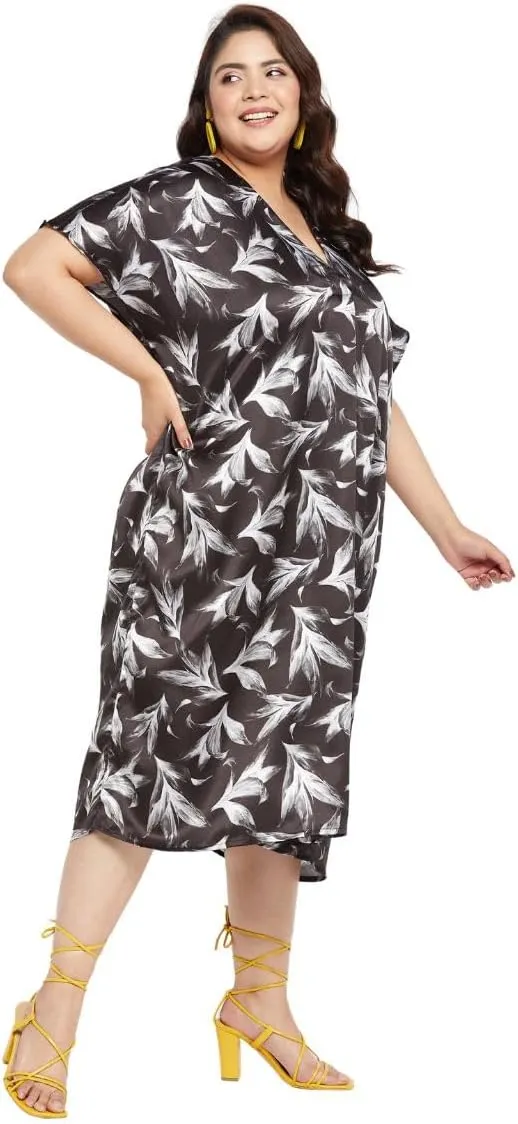 Women Plus Size Satin Silk Casual Midi Length Kaftan Evening Dress Beach Cover Up