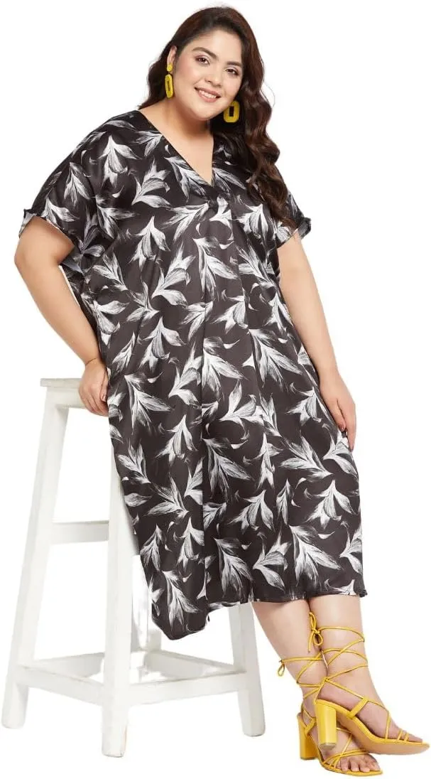 Women Plus Size Satin Silk Casual Midi Length Kaftan Evening Dress Beach Cover Up