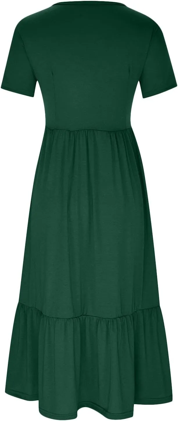 Women Short Sleeve Midi Dresses Summer Casual Dress Ruffle Swing Flowy Sundress Mid Calf T Shirt with Pocket