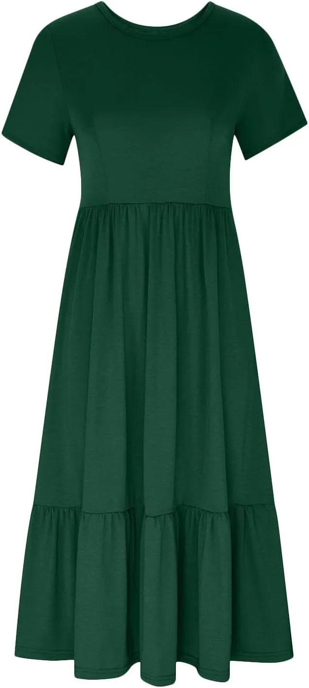Women Short Sleeve Midi Dresses Summer Casual Dress Ruffle Swing Flowy Sundress Mid Calf T Shirt with Pocket