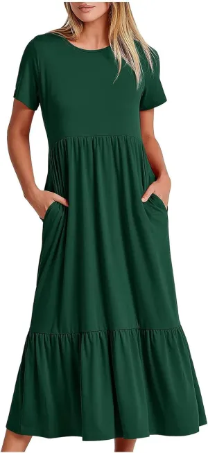 Women Short Sleeve Midi Dresses Summer Casual Dress Ruffle Swing Flowy Sundress Mid Calf T Shirt with Pocket