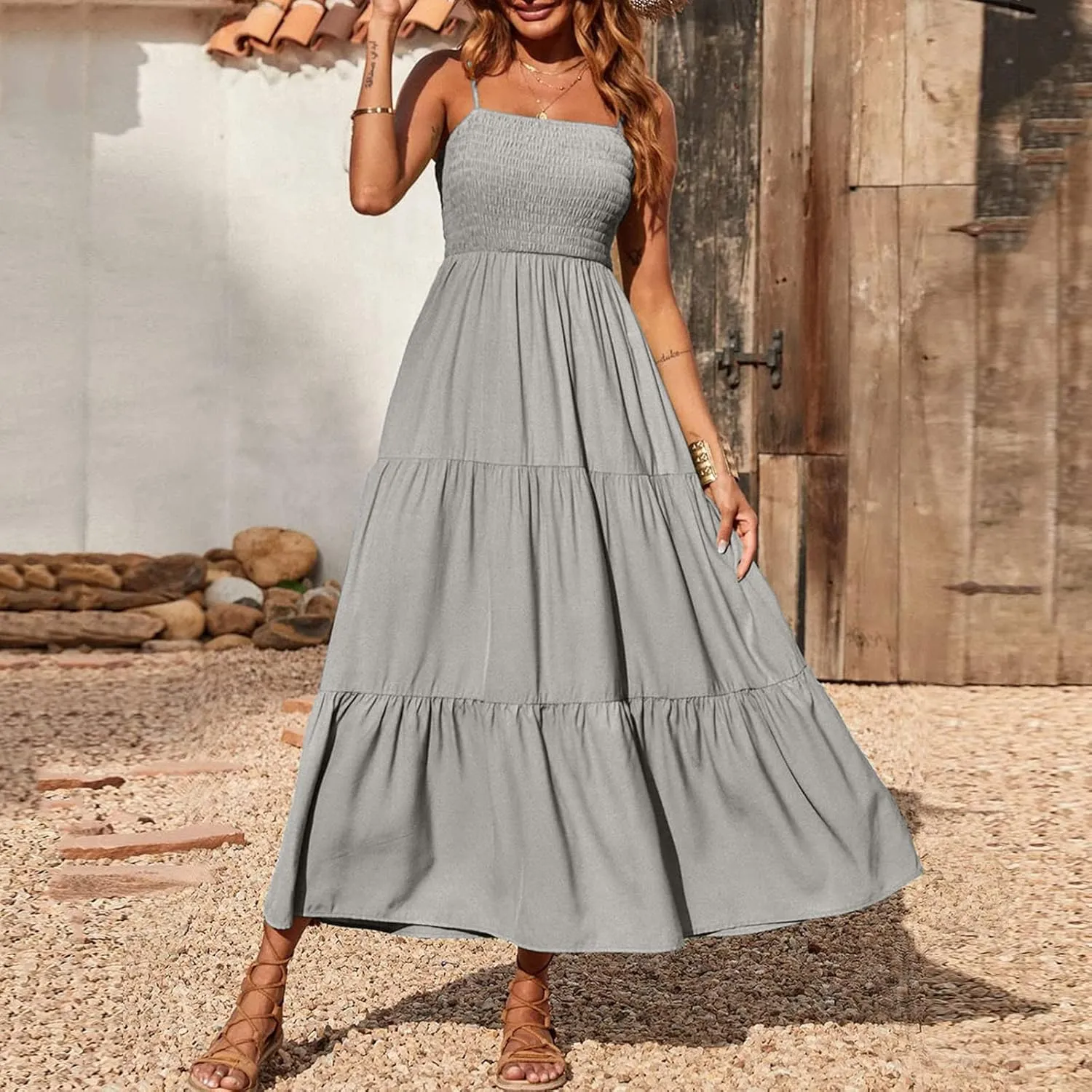 Women Summer Spaghetti Strap Maxi Dress Smocked Ruffle Swing Sundress Flowy Boho Beach Dresses Vacation Midi
