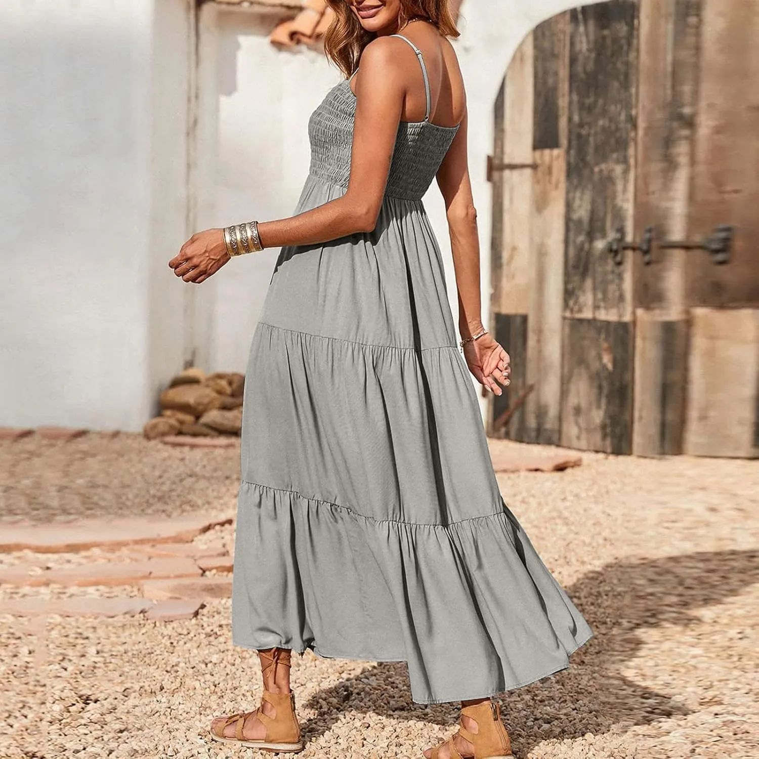Women Summer Spaghetti Strap Maxi Dress Smocked Ruffle Swing Sundress Flowy Boho Beach Dresses Vacation Midi