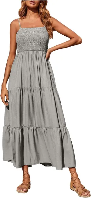 Women Summer Spaghetti Strap Maxi Dress Smocked Ruffle Swing Sundress Flowy Boho Beach Dresses Vacation Midi