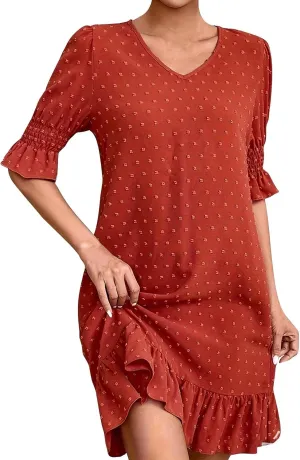 Women Swiss Polka Dots Dress V Neck Ruffle Short Sleeve Mini Dresses Summer Casual Fashion Loose Swing Boho Dress