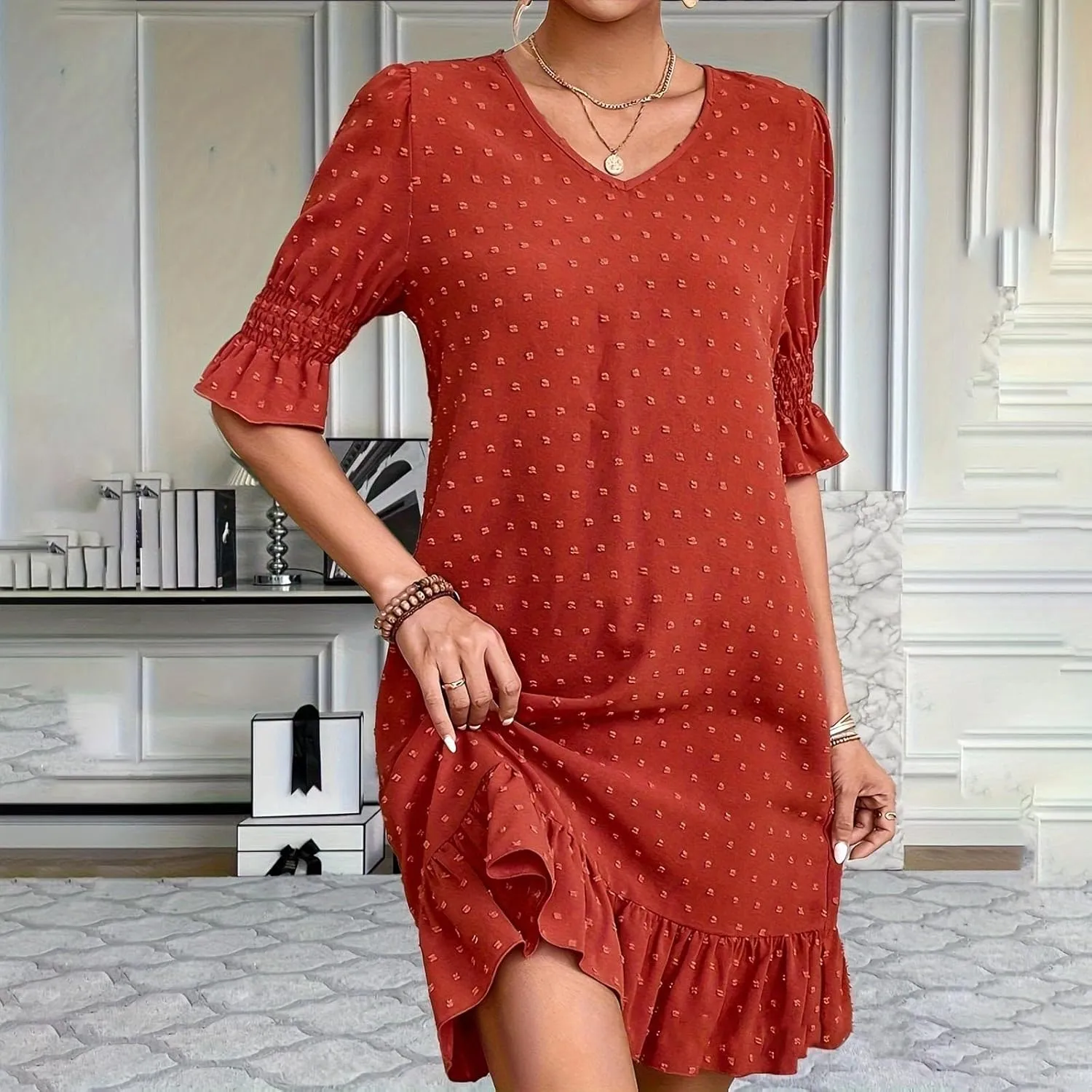 Women Swiss Polka Dots Dress V Neck Ruffle Short Sleeve Mini Dresses Summer Casual Fashion Loose Swing Boho Dress