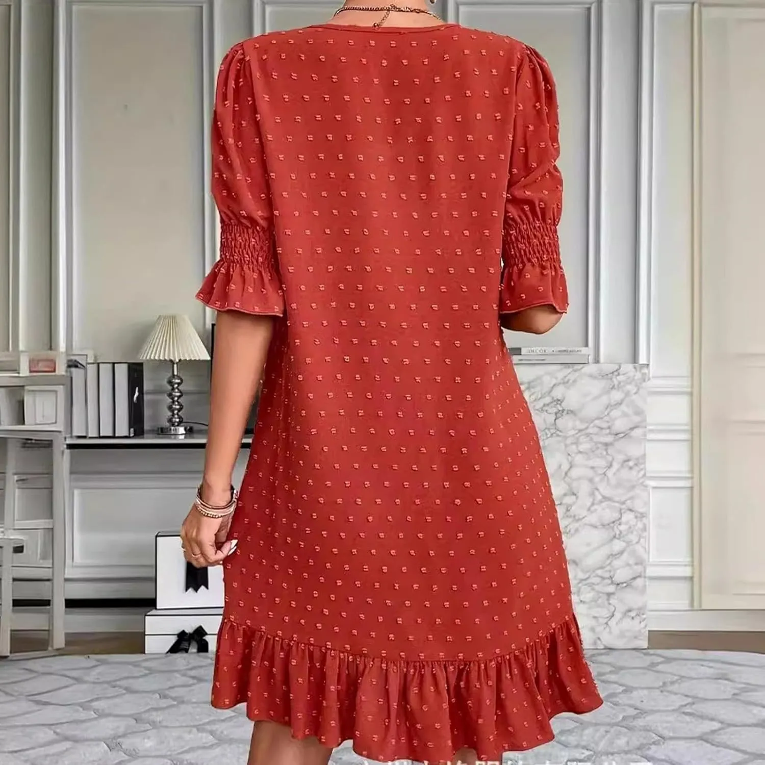 Women Swiss Polka Dots Dress V Neck Ruffle Short Sleeve Mini Dresses Summer Casual Fashion Loose Swing Boho Dress