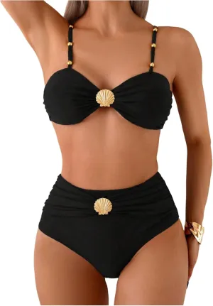 Women's 2 Piece Bikini Set Metal Shell Beaded Ruched Swimsuit High Waisted Bathing Suit