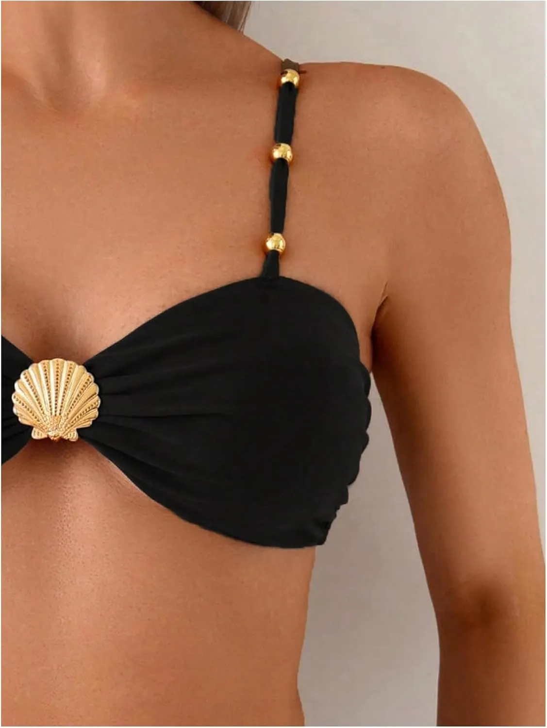 Women's 2 Piece Bikini Set Metal Shell Beaded Ruched Swimsuit High Waisted Bathing Suit