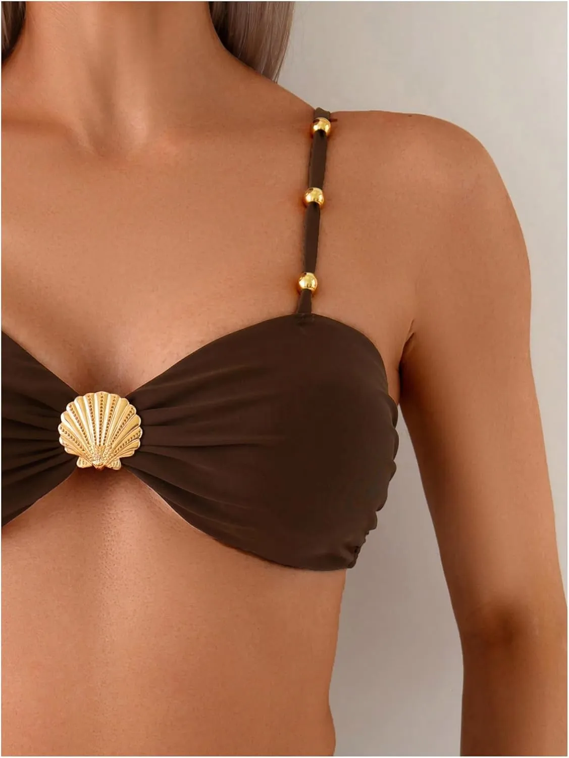 Women's 2 Piece Bikini Set Metal Shell Beaded Ruched Swimsuit High Waisted Bathing Suit