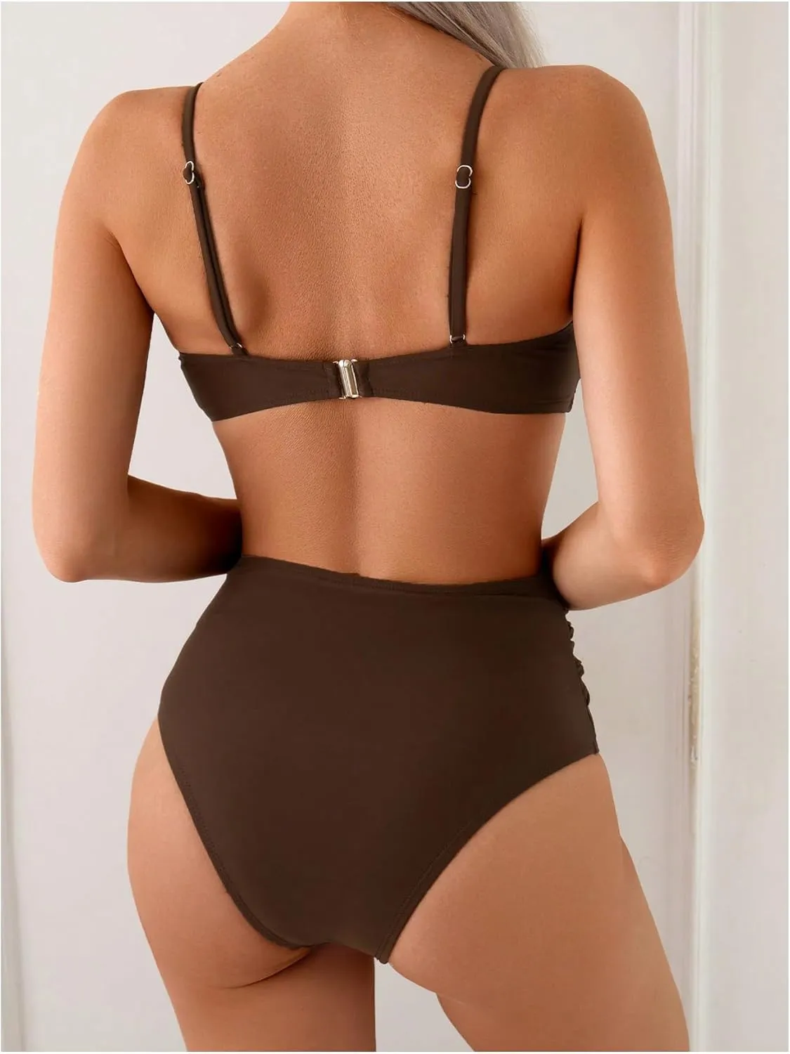 Women's 2 Piece Bikini Set Metal Shell Beaded Ruched Swimsuit High Waisted Bathing Suit