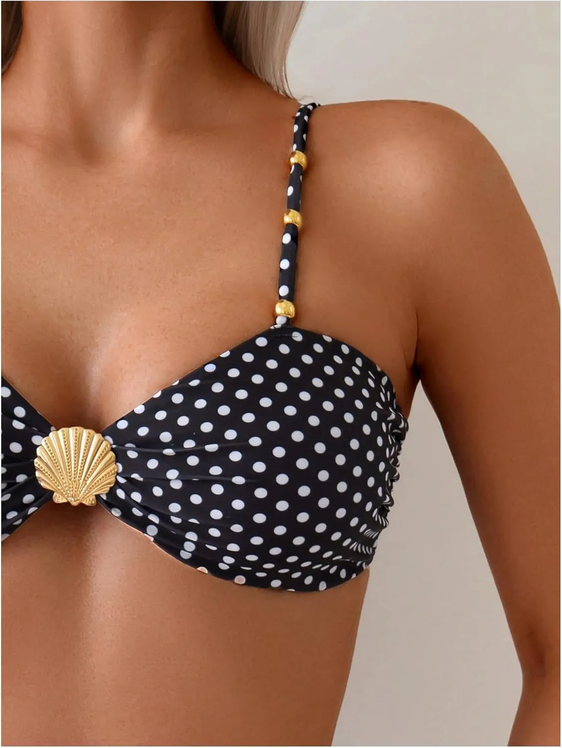 Women's 2 Piece Bikini Set Metal Shell Beaded Ruched Swimsuit High Waisted Bathing Suit