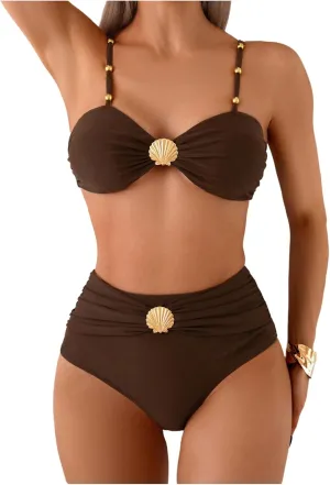Women's 2 Piece Bikini Set Metal Shell Beaded Ruched Swimsuit High Waisted Bathing Suit