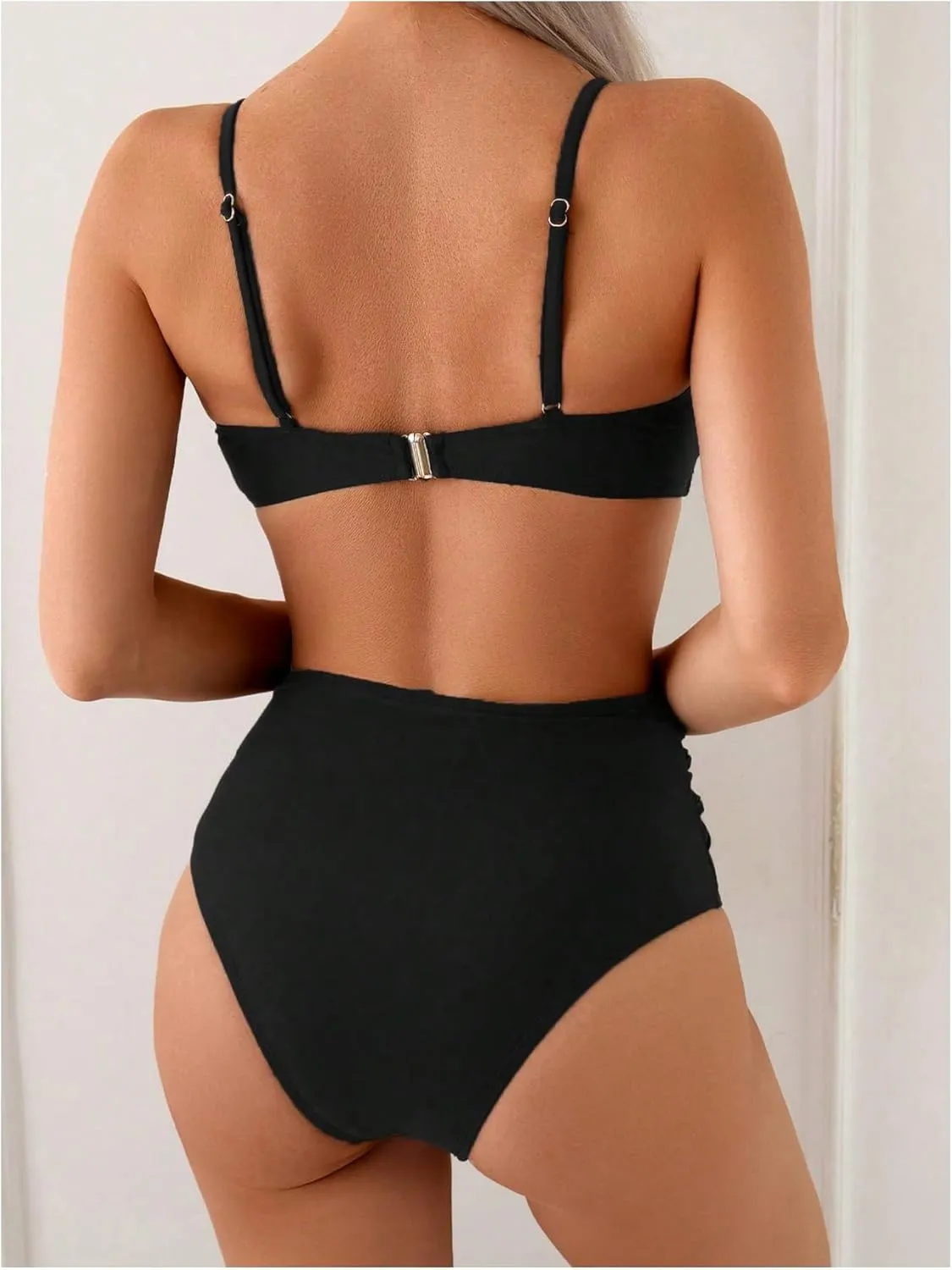 Women's 2 Piece Bikini Set Metal Shell Beaded Ruched Swimsuit High Waisted Bathing Suit