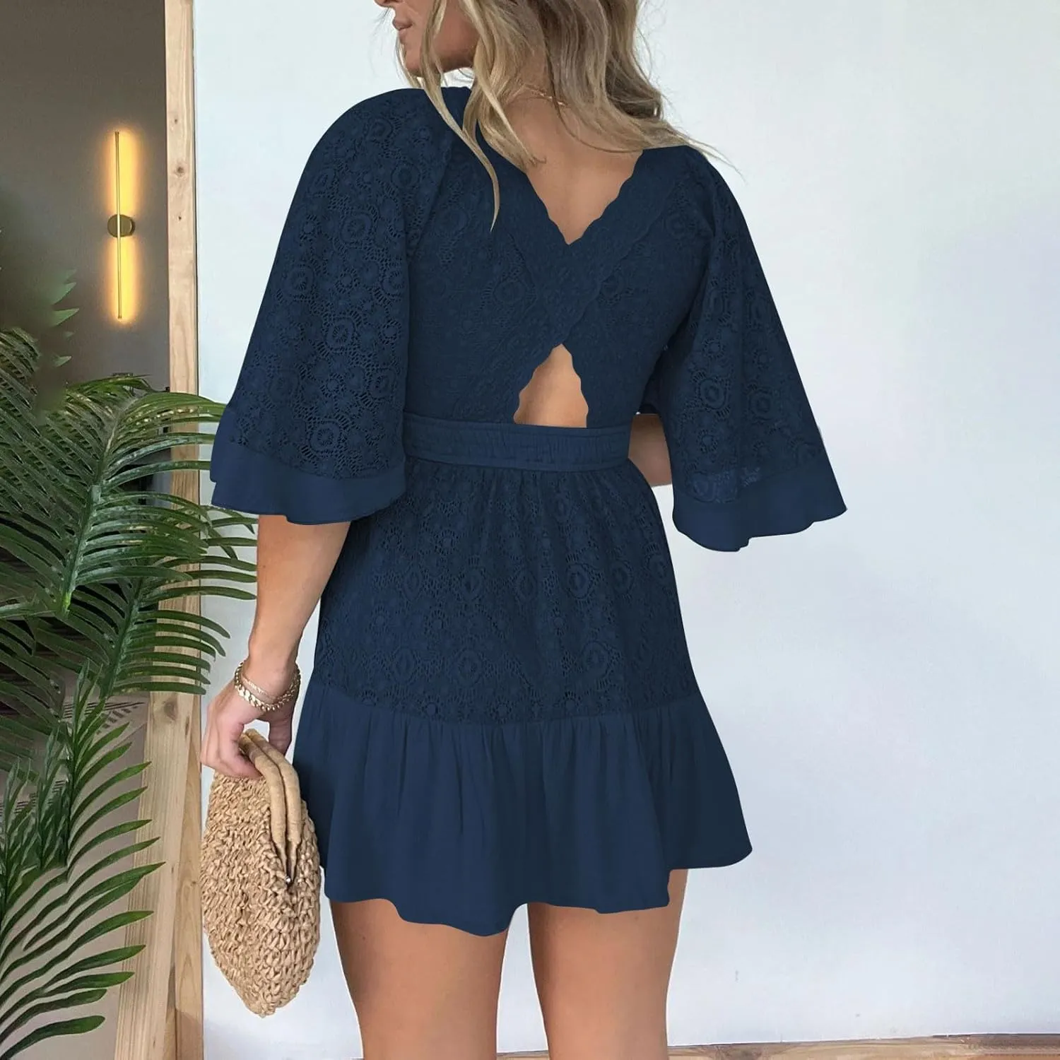 Womens Boho Floral Lace Mini Dress Deep V-Neck Smocked Waist Ruffle A-Line Dresses Casual Sexy Flared Sleeves Dress