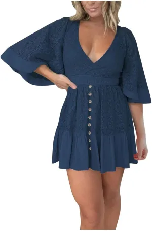 Womens Boho Floral Lace Mini Dress Deep V-Neck Smocked Waist Ruffle A-Line Dresses Casual Sexy Flared Sleeves Dress