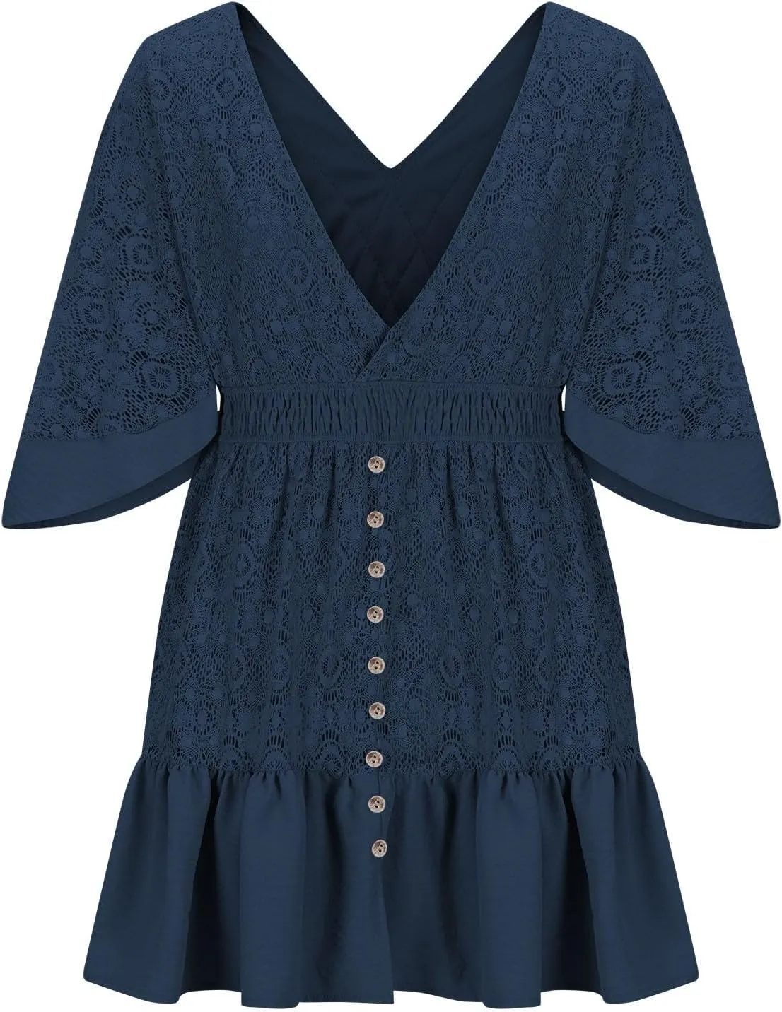 Womens Boho Floral Lace Mini Dress Deep V-Neck Smocked Waist Ruffle A-Line Dresses Casual Sexy Flared Sleeves Dress