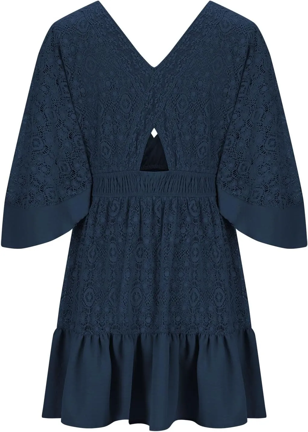 Womens Boho Floral Lace Mini Dress Deep V-Neck Smocked Waist Ruffle A-Line Dresses Casual Sexy Flared Sleeves Dress