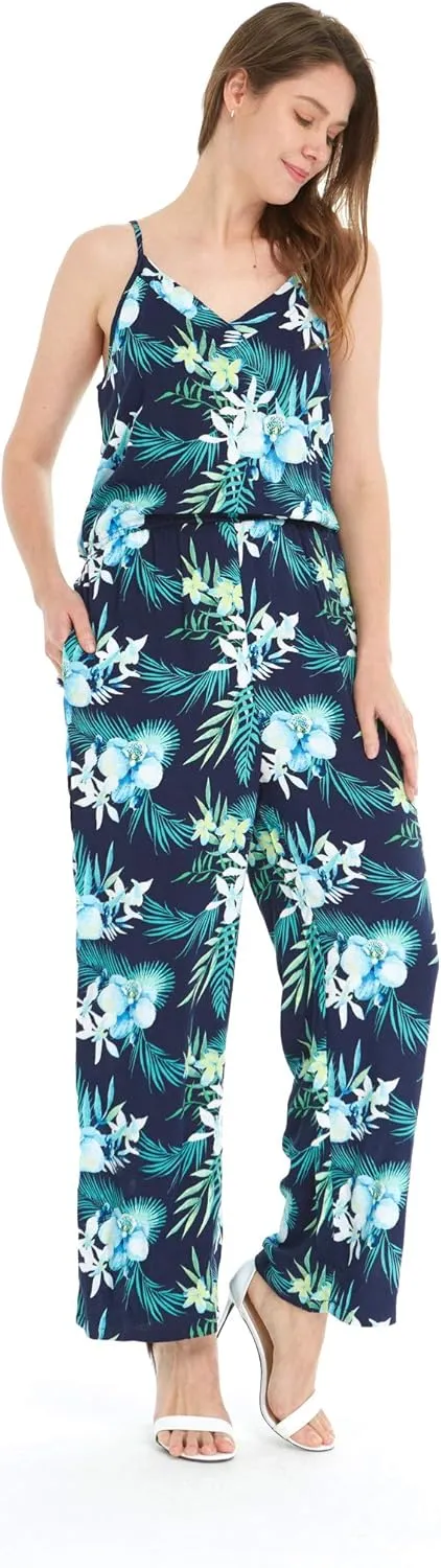 Women's Hawaiian Strap V with Pockets Jumpsuit in Hibiscus Blue