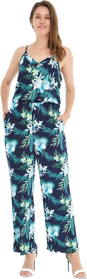 Women's Hawaiian Strap V with Pockets Jumpsuit in Hibiscus Blue