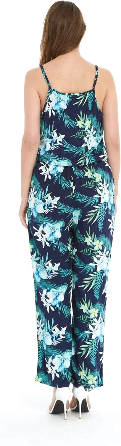 Women's Hawaiian Strap V with Pockets Jumpsuit in Hibiscus Blue