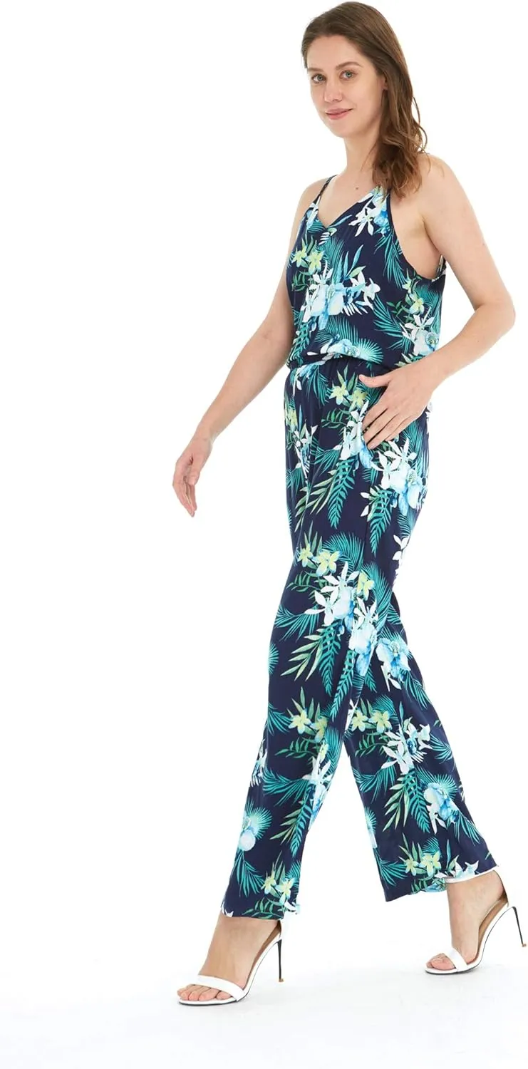 Women's Hawaiian Strap V with Pockets Jumpsuit in Hibiscus Blue
